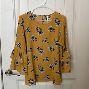 Xhilaration mustard colored blouse with blue roses
